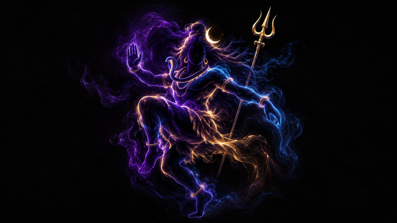 Abstract silhouette of Lord Shiva dancing the Tandava formed by colorful smoke and energy lines