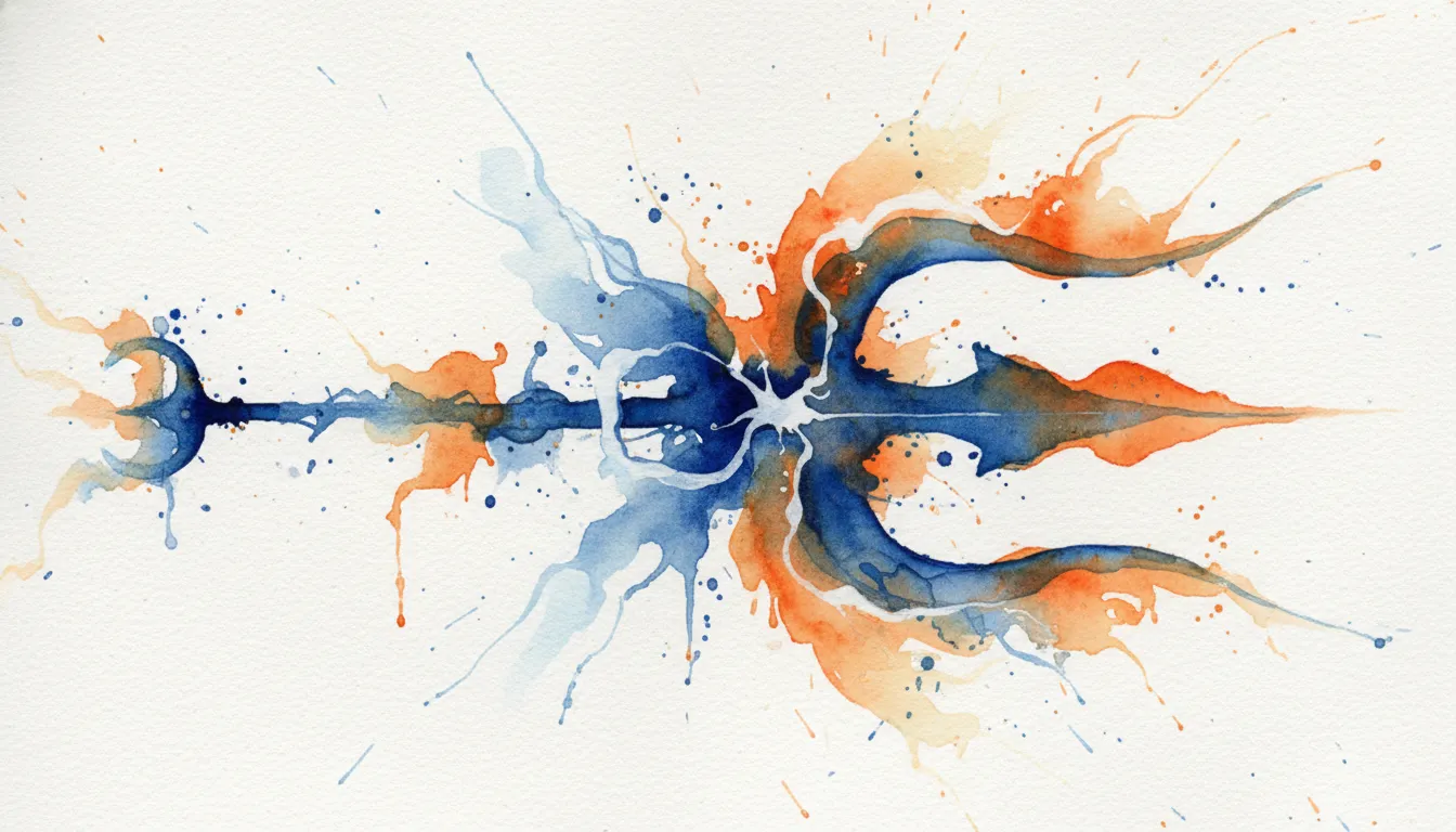 Colorful watercolor painting of a trishul with splashes of blue, orange, and white.