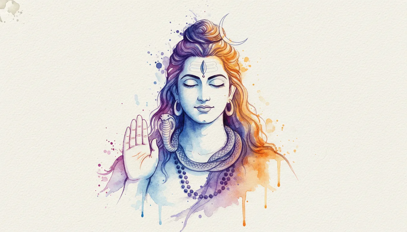 Artistic watercolor style mahadev background photo showing Lord Shiva raising his hand in a protective blessing posture.