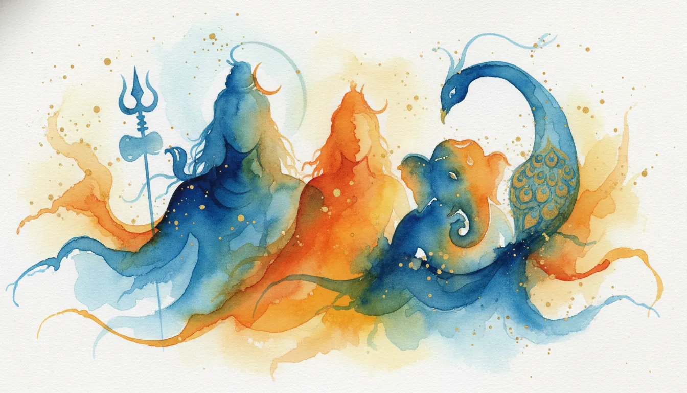 An abstract watercolor painting representing the spiritual essence of the Shiva family.