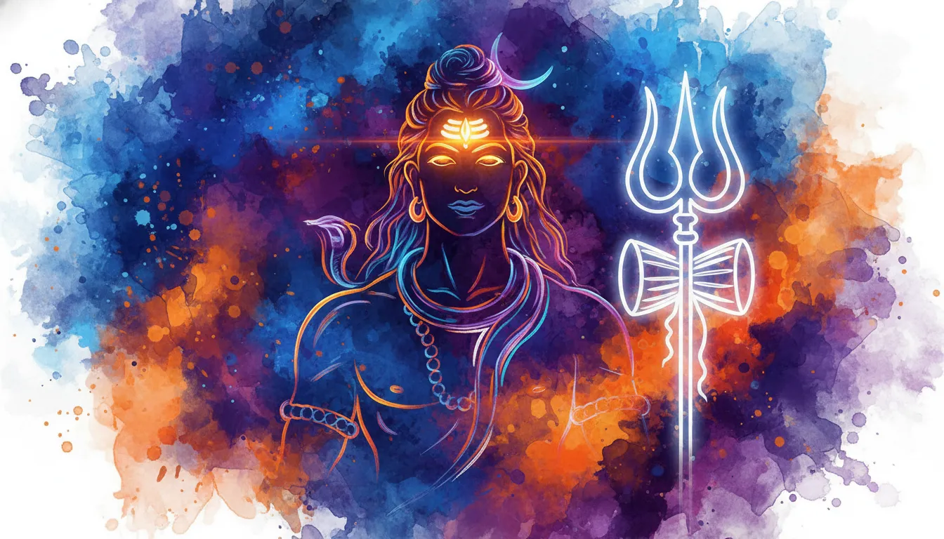 An abstract and colorful neon watercolor drawing of Lord Shiva Mahadev.