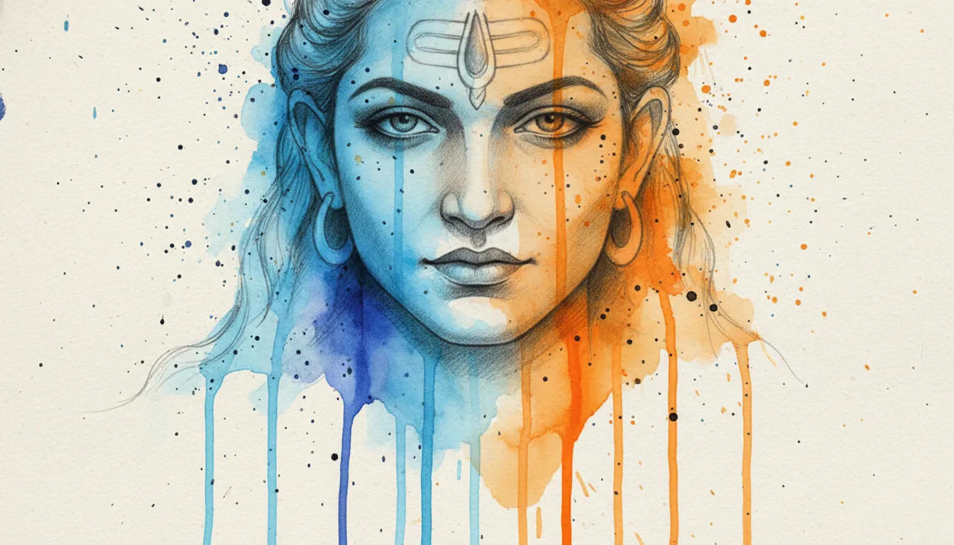 Abstract watercolor paint splash photo editing featuring Lord Shiva with colorful ink splatters.
