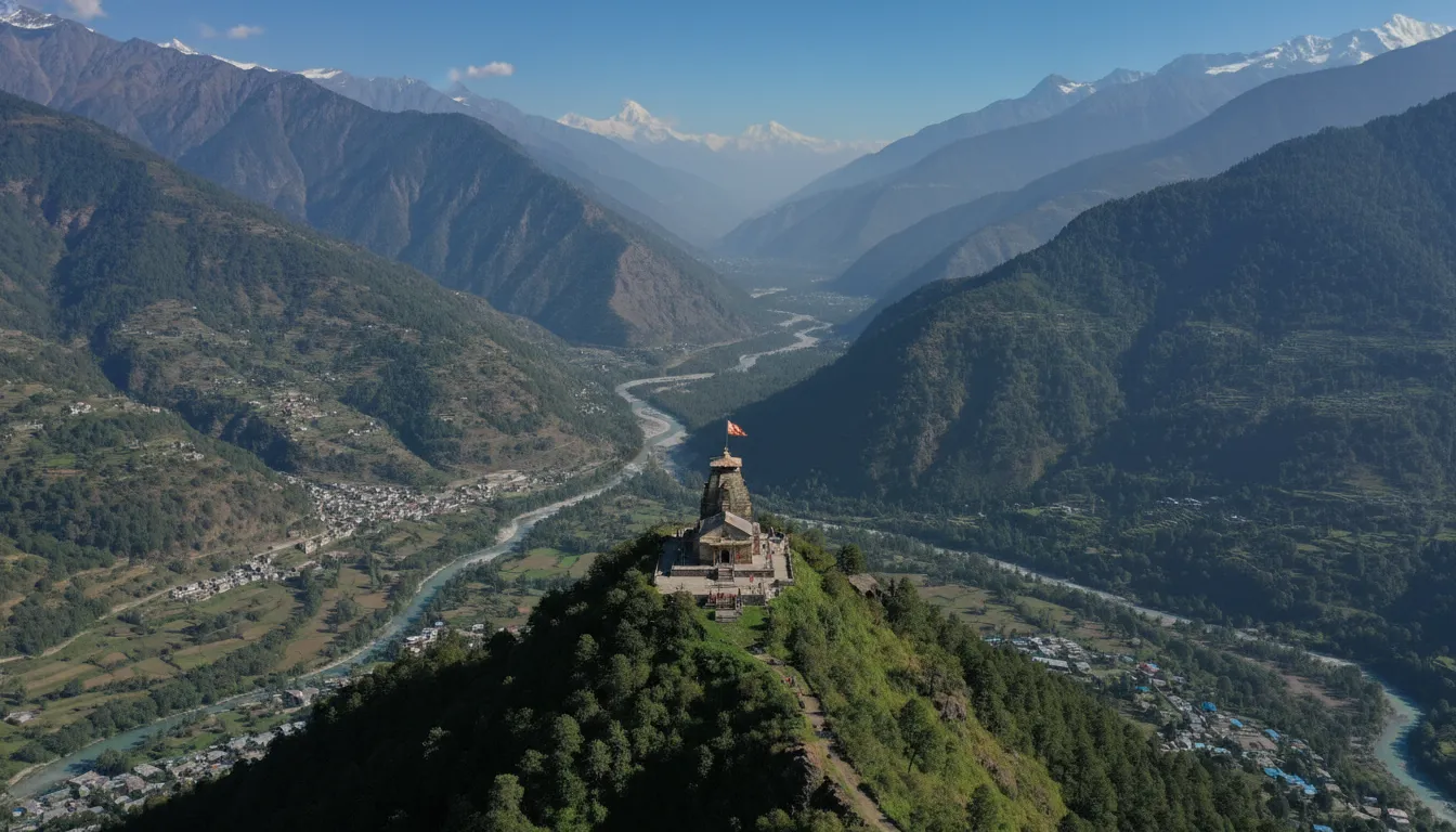 Aerial top-down view of Bijli Mahadev Temple situated on a narrow mountain ridge in Himachal.