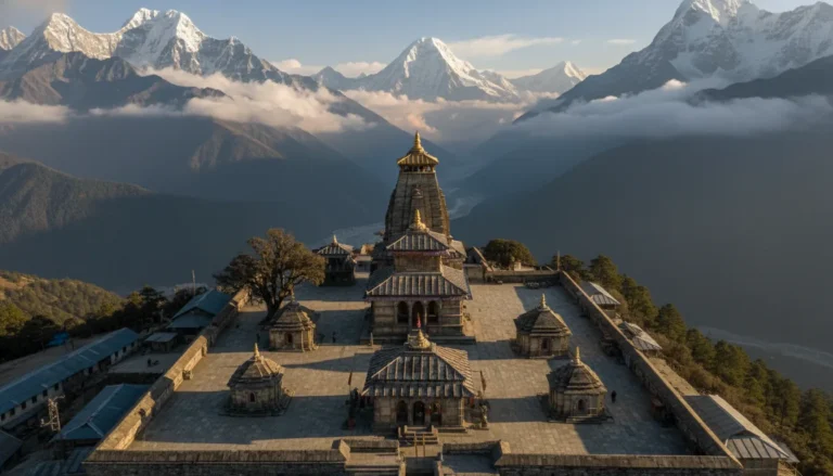 Aerial view of Shiva temple with Mount Kailash mountain range behind