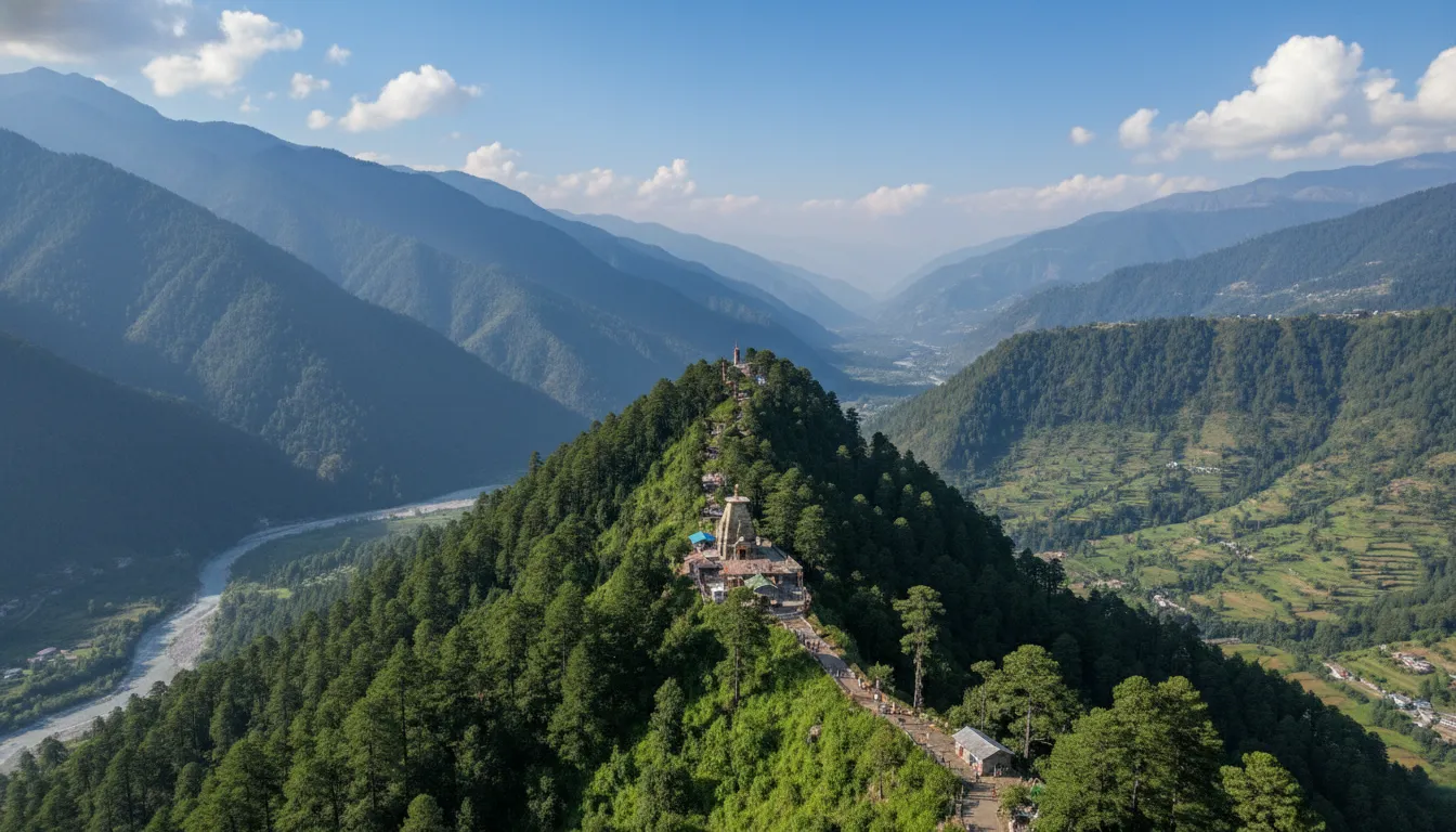 Bird's eye drone view of Bijli Mahadev Temple on a green mountain ridge in Kullu.