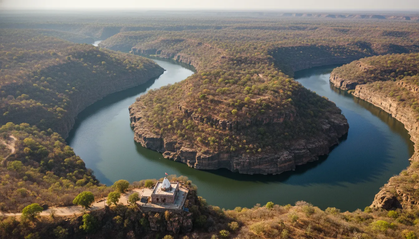 Aerial drone shot of the entire Garadia Mahadev temple landscape and the winding river bend.