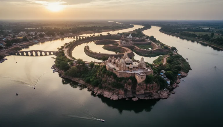 Aerial drone shot of Om Kareshwar Mahadev temple island shaped like the holy Om symbol in Narmada river.