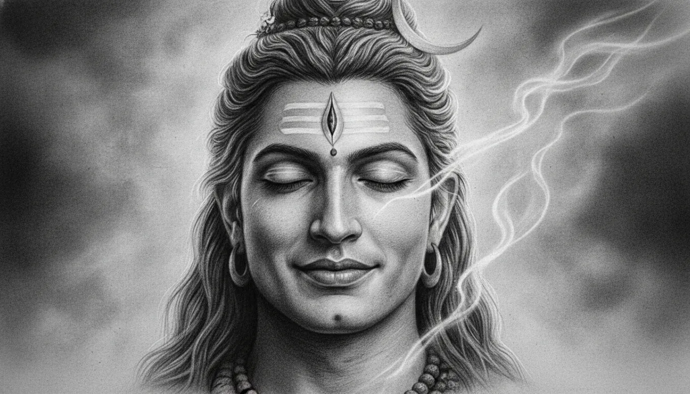 Close-up black and white portrait of Lord Shiva calm face