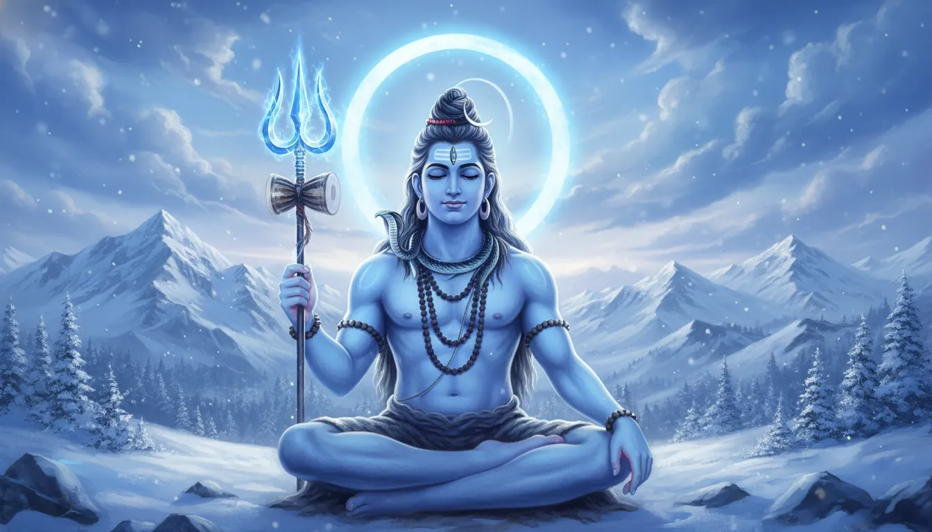 Aesthetic Lord Shiva wallpaper with blue tones, trishul, moon aura, and snowy mountains.