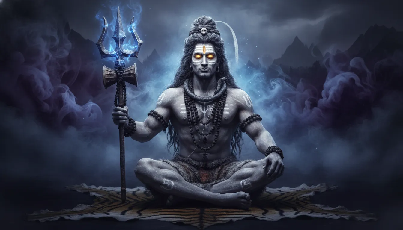 Mahadev dangerous photo hd download featuring Lord Shiva as a fierce Aghori with a glowing Trishul in dark smoke.