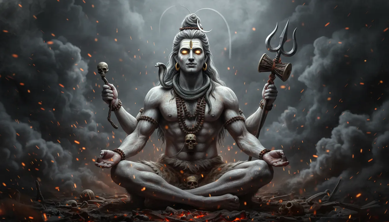 Lord Shiva as an Aghori meditating calmly amidst a dark, smoky battlefield.