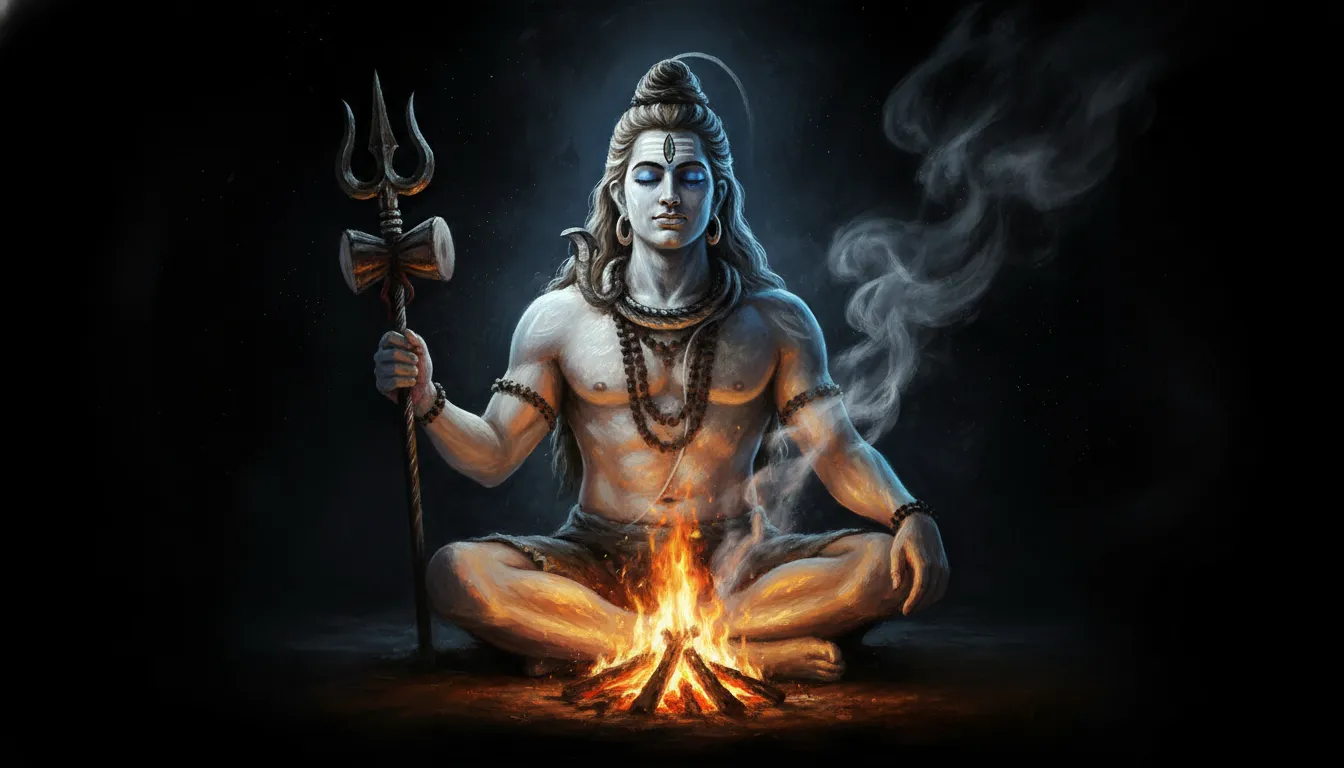 Aghori style Mahadev sitting near holy fire with trishul