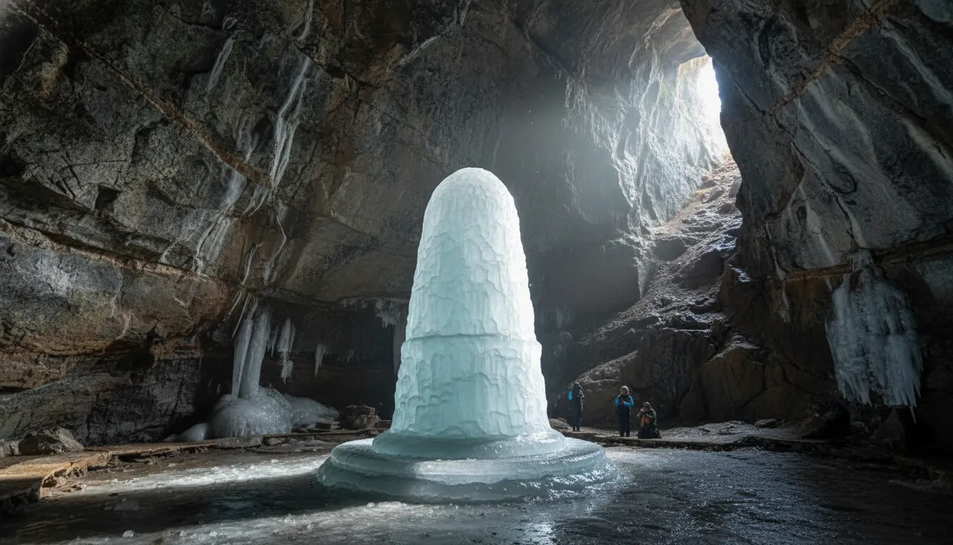 Natural ice Lingam inside the sacred Amarnath cave temple