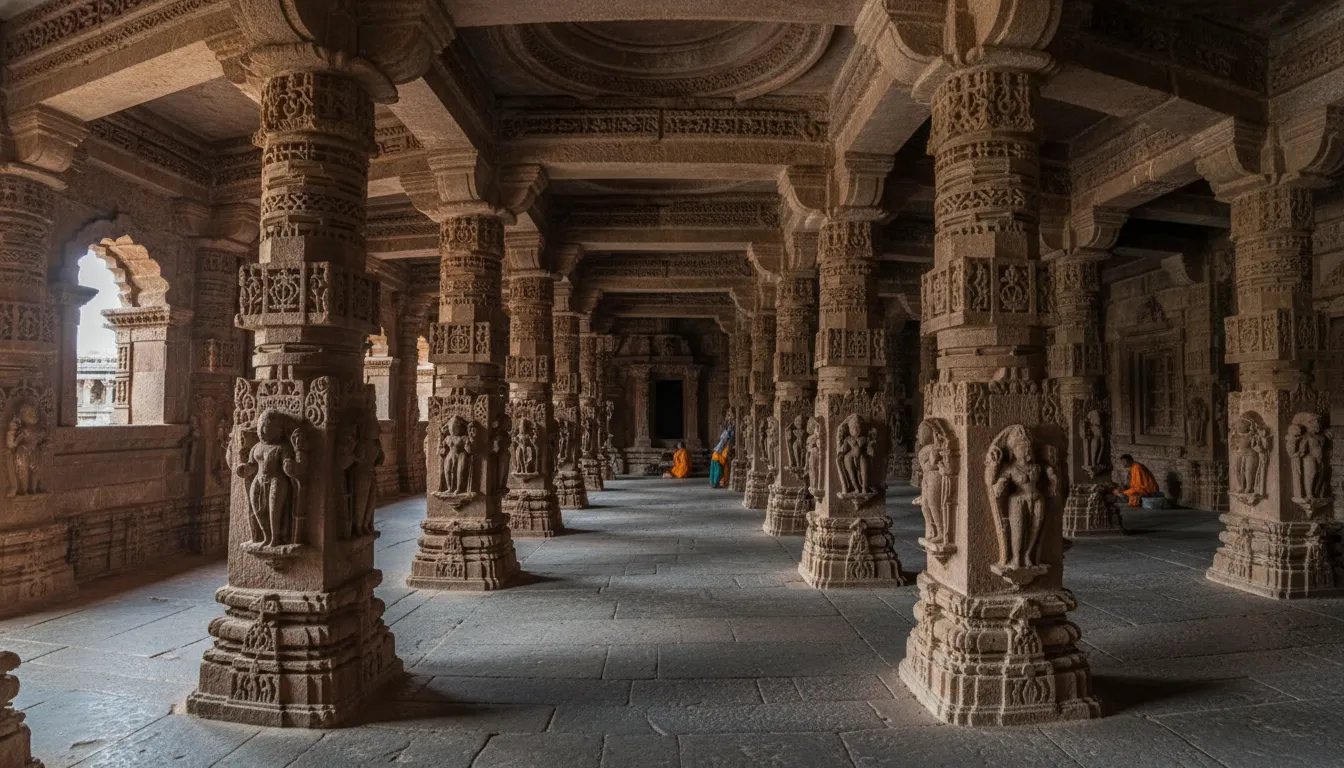 Detailed macro view of intricate mythological carvings on ancient stone pillars inside Omkareshwar temple.
