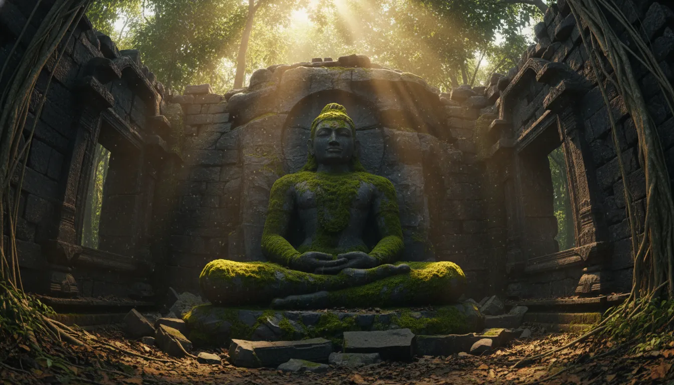 Ancient weathered stone Mahadev murti overgrown with light green moss inside an enchanting jungle temple ruins