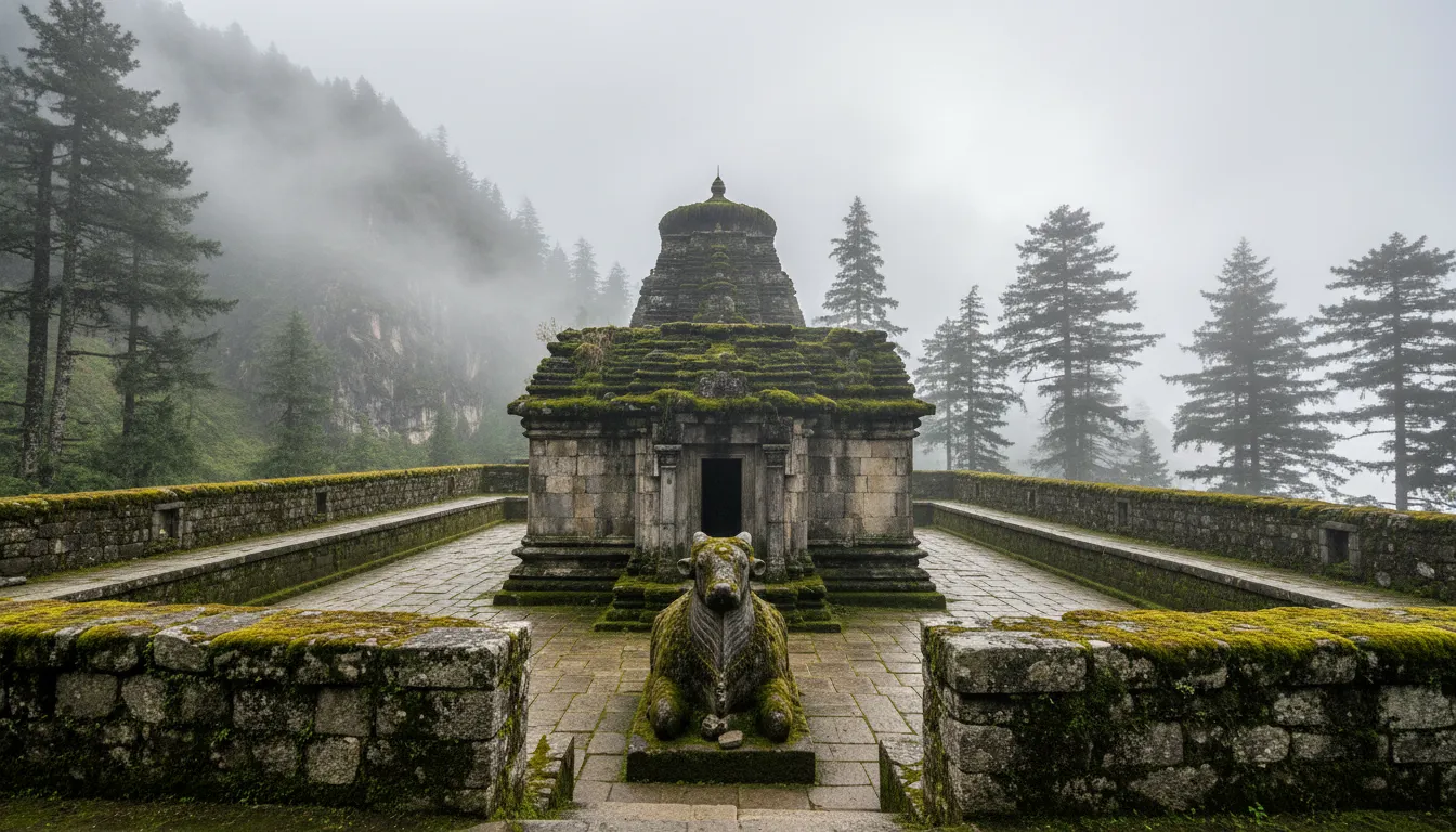 A stone Nandi idol in the foggy courtyard of an ancient Himalayan Shiva temple.