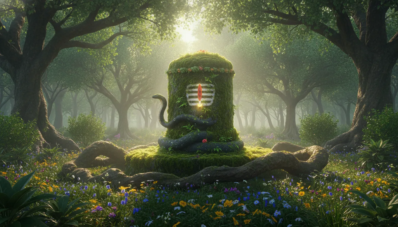 An ancient stone Mahadev Pind hidden inside a deep, sunlit mystical forest.
