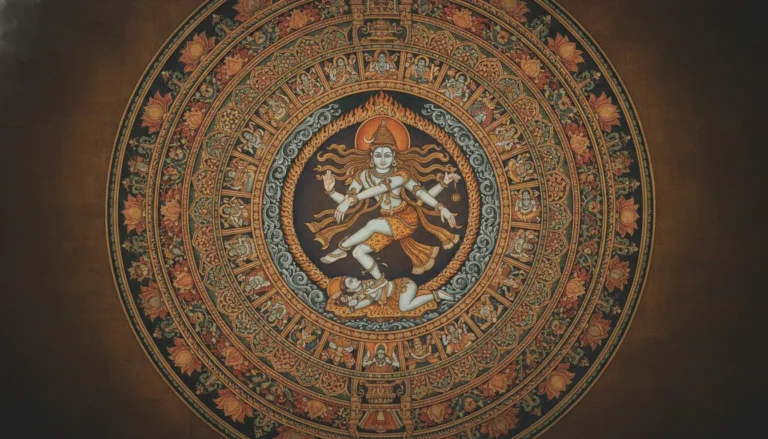 nataraja dancing shiva inside circular mandala with deities artwork