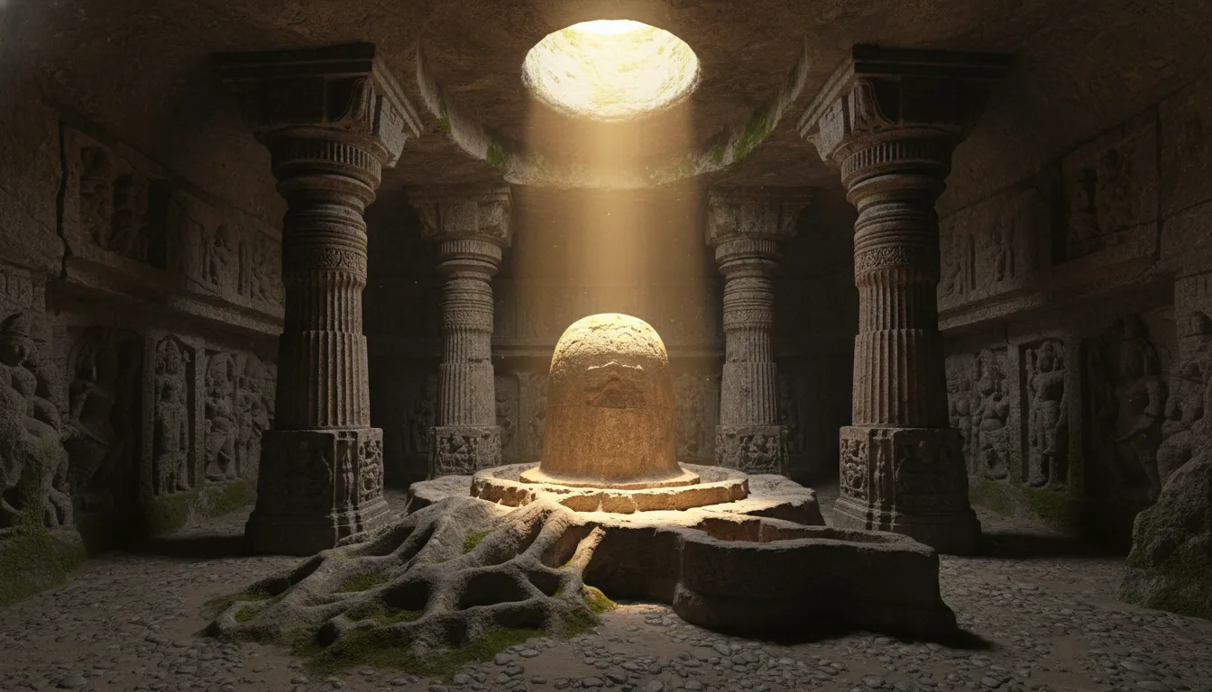 Weathered historic stone Shiva Lingam carved inside an ancient cave temple with historic pillars.