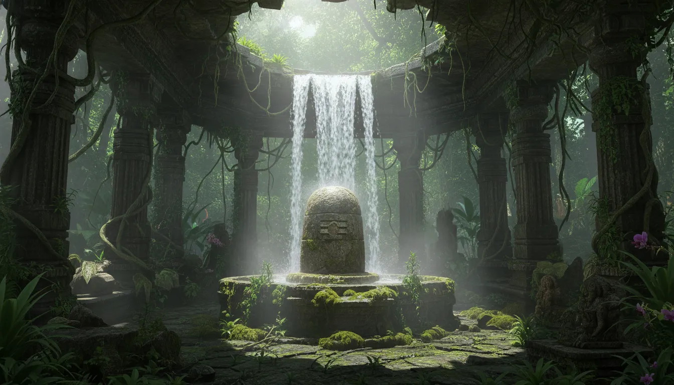 An ancient stone Shiva Lingam inside temple ruins surrounded by a tropical jungle waterfall.