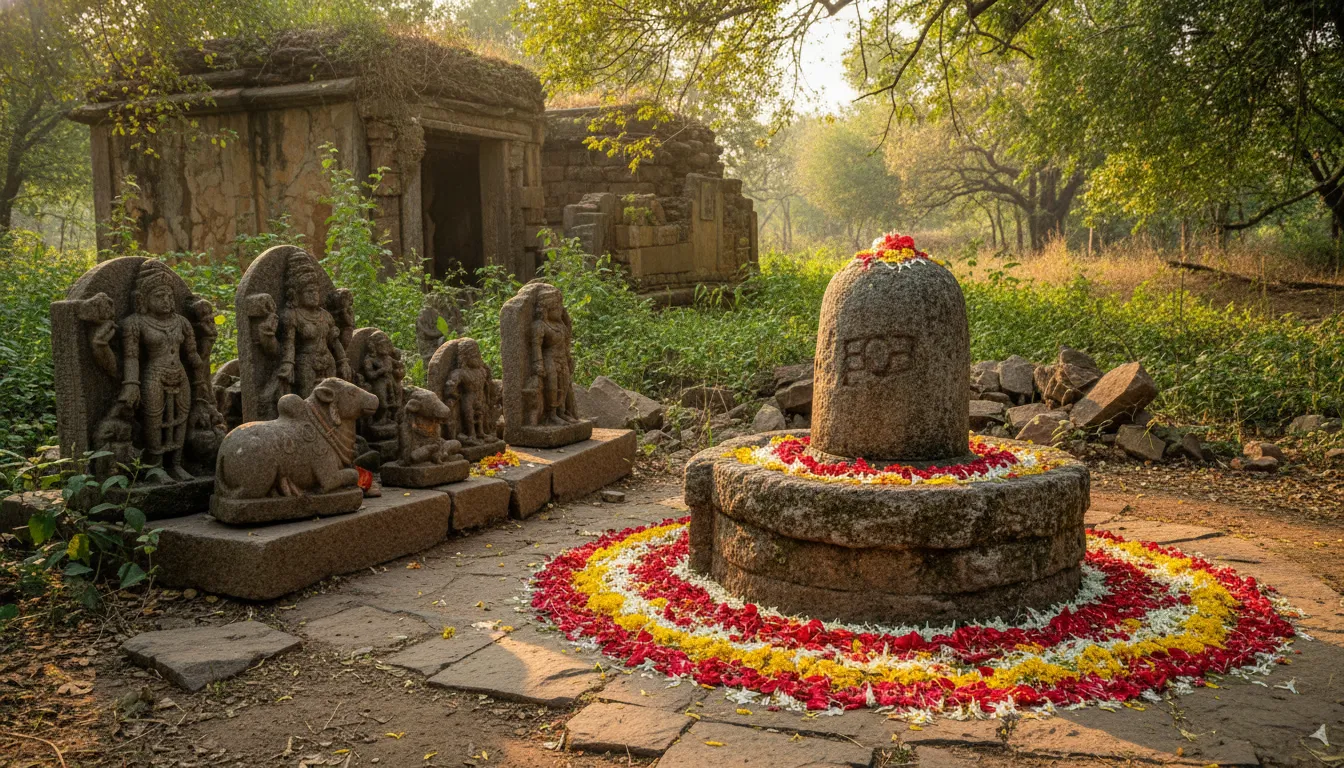 Old stone lingam surrounded by small statues and flower petals
