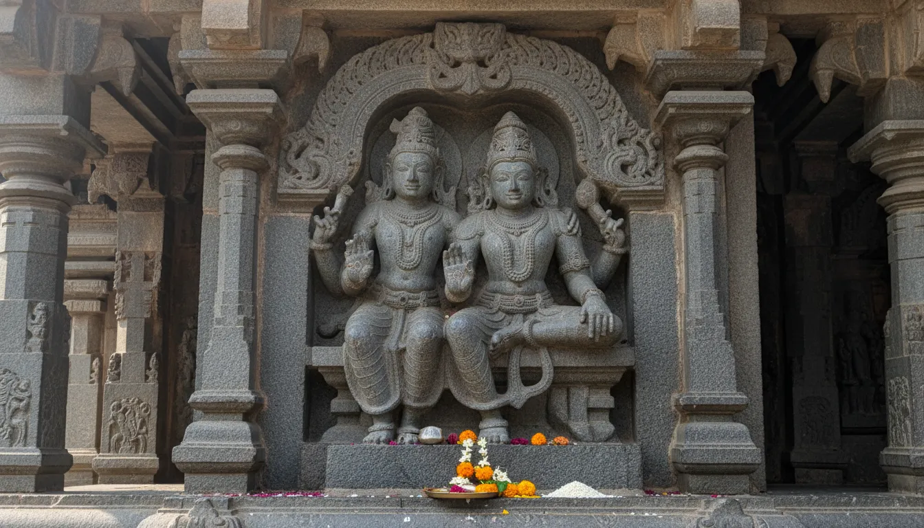 Ancient stone carving of Shiva and Parvati in old temple wall sculpture