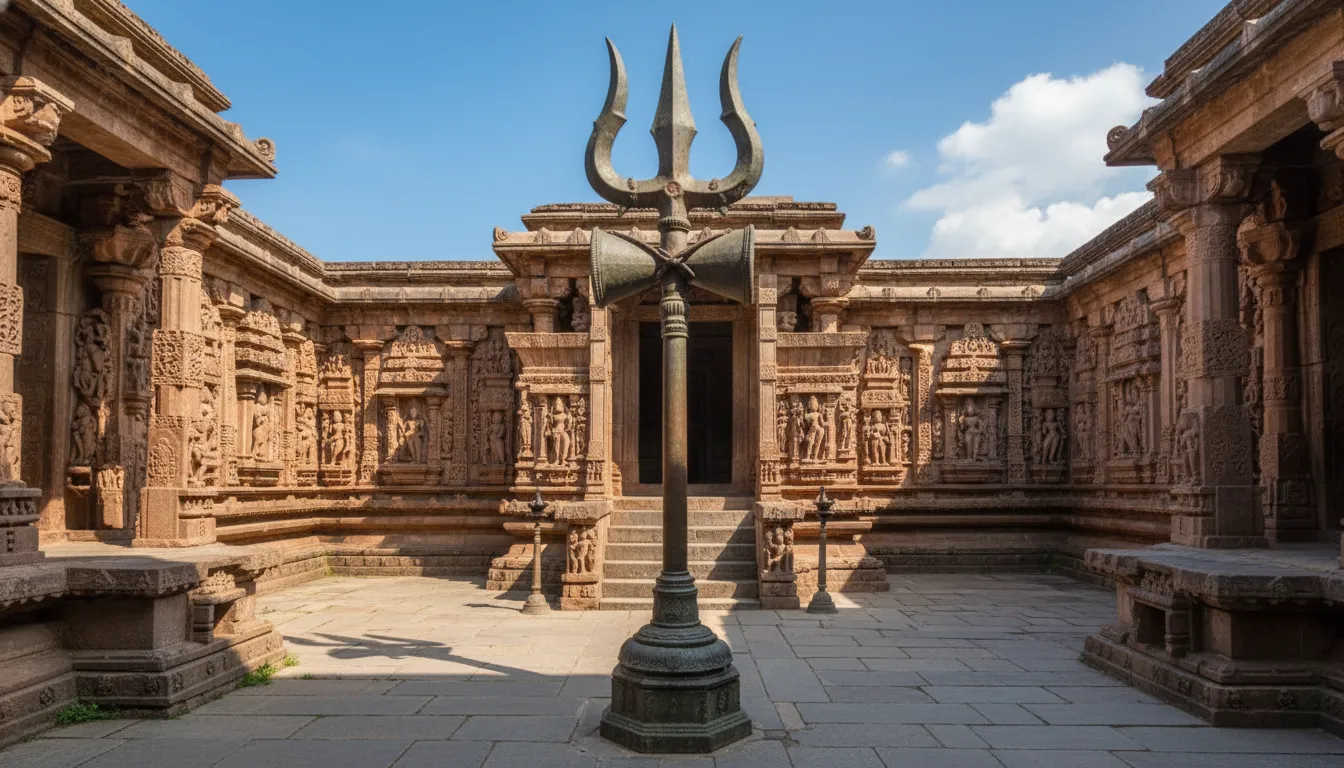 A historic stone-carved trishul inside an ancient Indian temple courtyard.