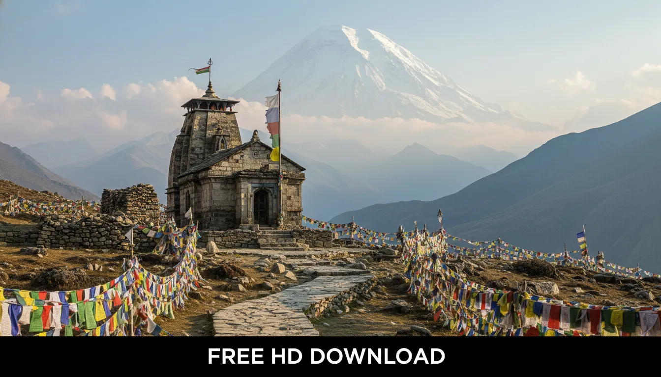 Ancient stone Shiva temple with Mount Kailash visible in distance