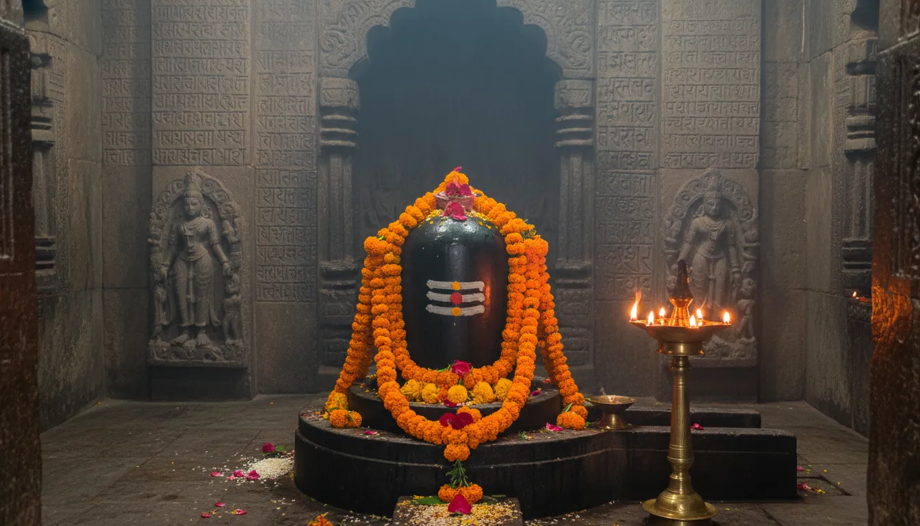 Traditional ancient Hindu temple sanctum with a decorated Mahadev Shiv Ling photo.