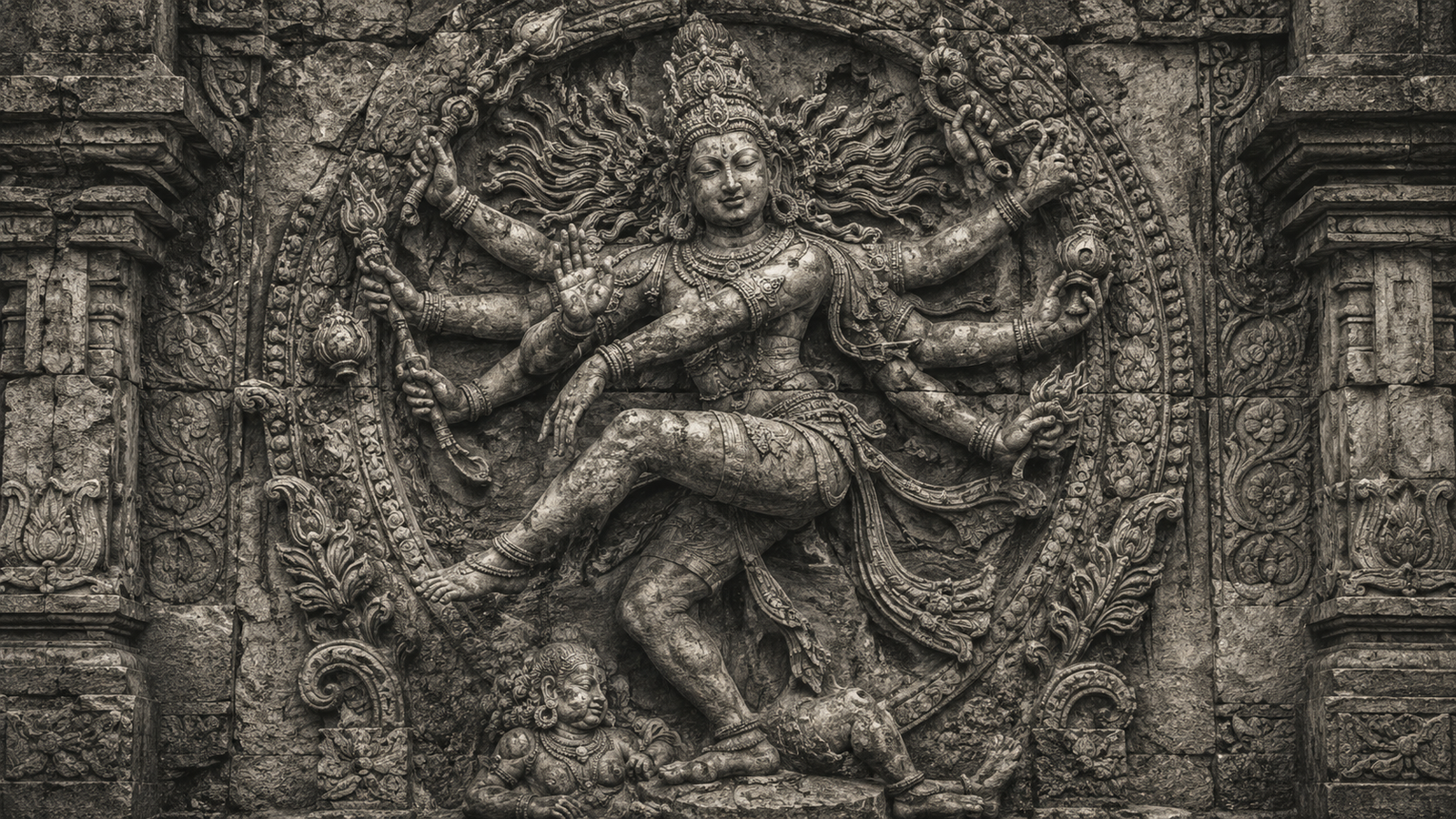 Detailed monochrome sketch of an ancient stone relief carving depicting a multi-armed dancing deity