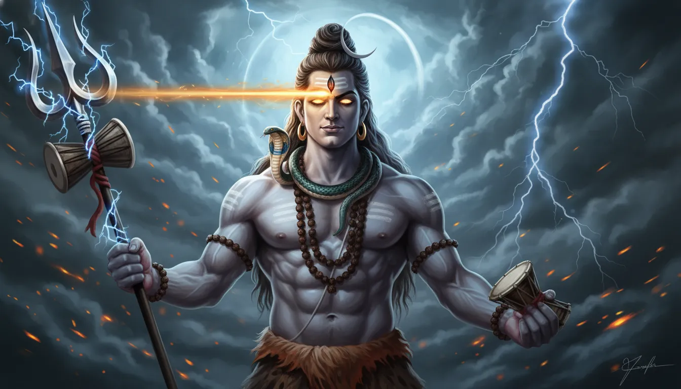 Fierce avatar of Lord Shiva as Rudra with his third eye glowing brightly.