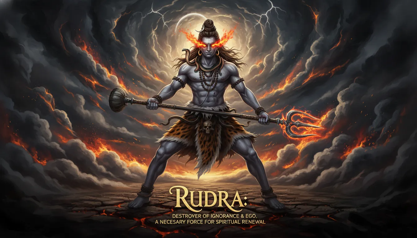 Lord Shiva in his fierce Rudra avatar holding a sharp trident during cosmic dissolution.