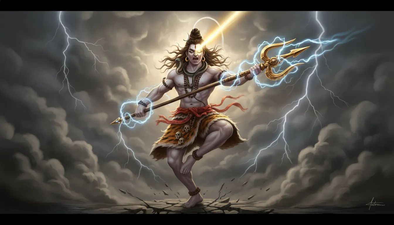Angry Lord Shiva performing the fierce Rudra Tandava dance with a glowing third eye and a golden trident.