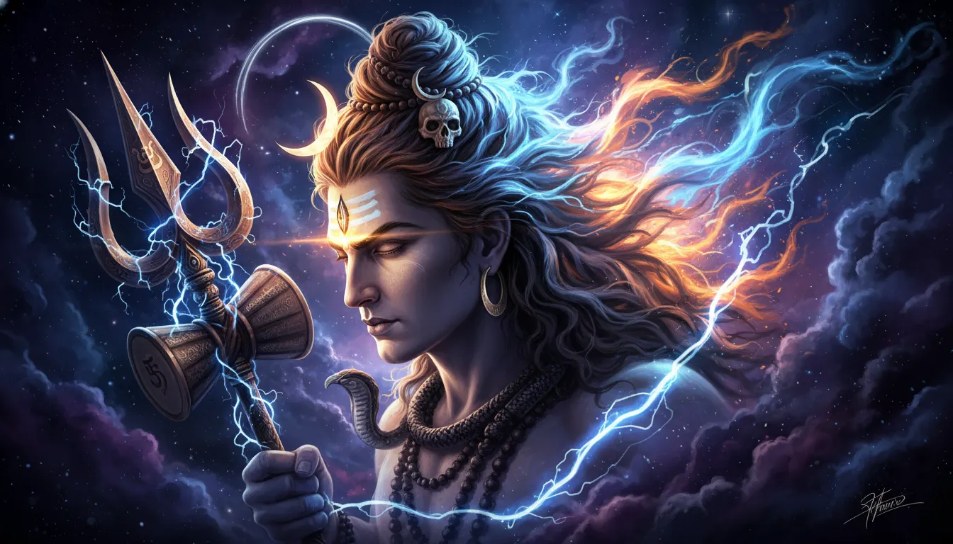 Powerful Rudra avatar of Lord Shiva with opening third eye and glowing neon colors.