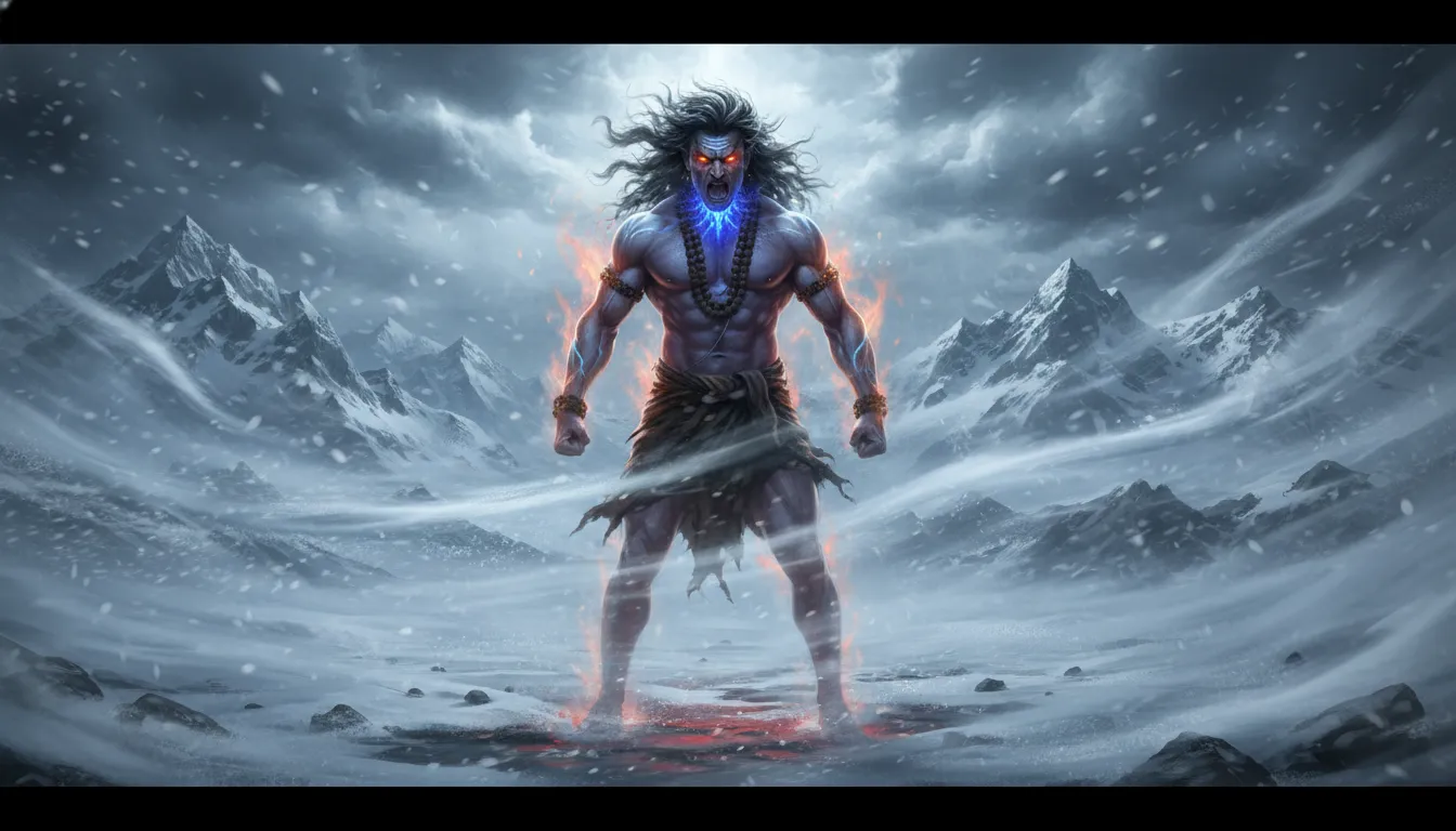 Lord Shiva angry look during a massive storm in the Himalayas