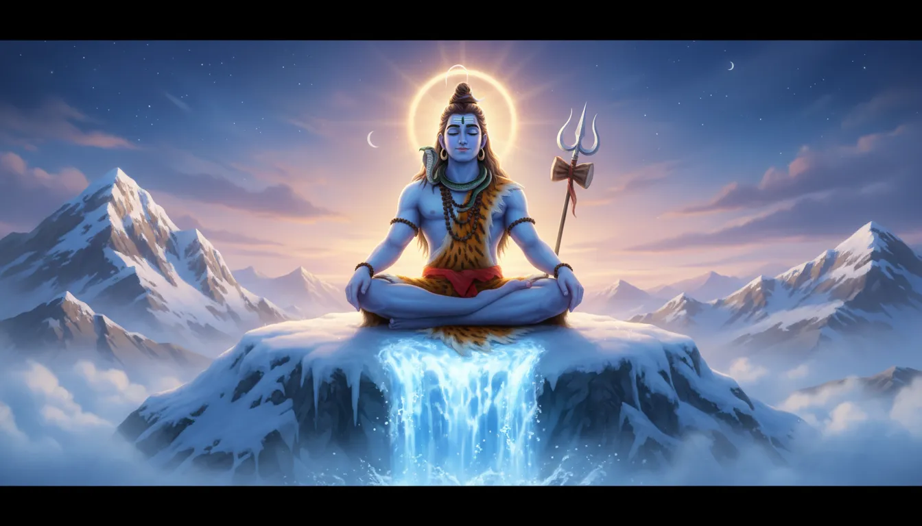 Animated Lord Shiva meditating on a snowy mountain with glowing aura and flowing blue water energy.