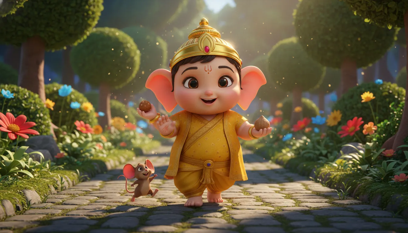 Modern animated 3D art of cute child Ganesha walking with a tiny mouse on a path.