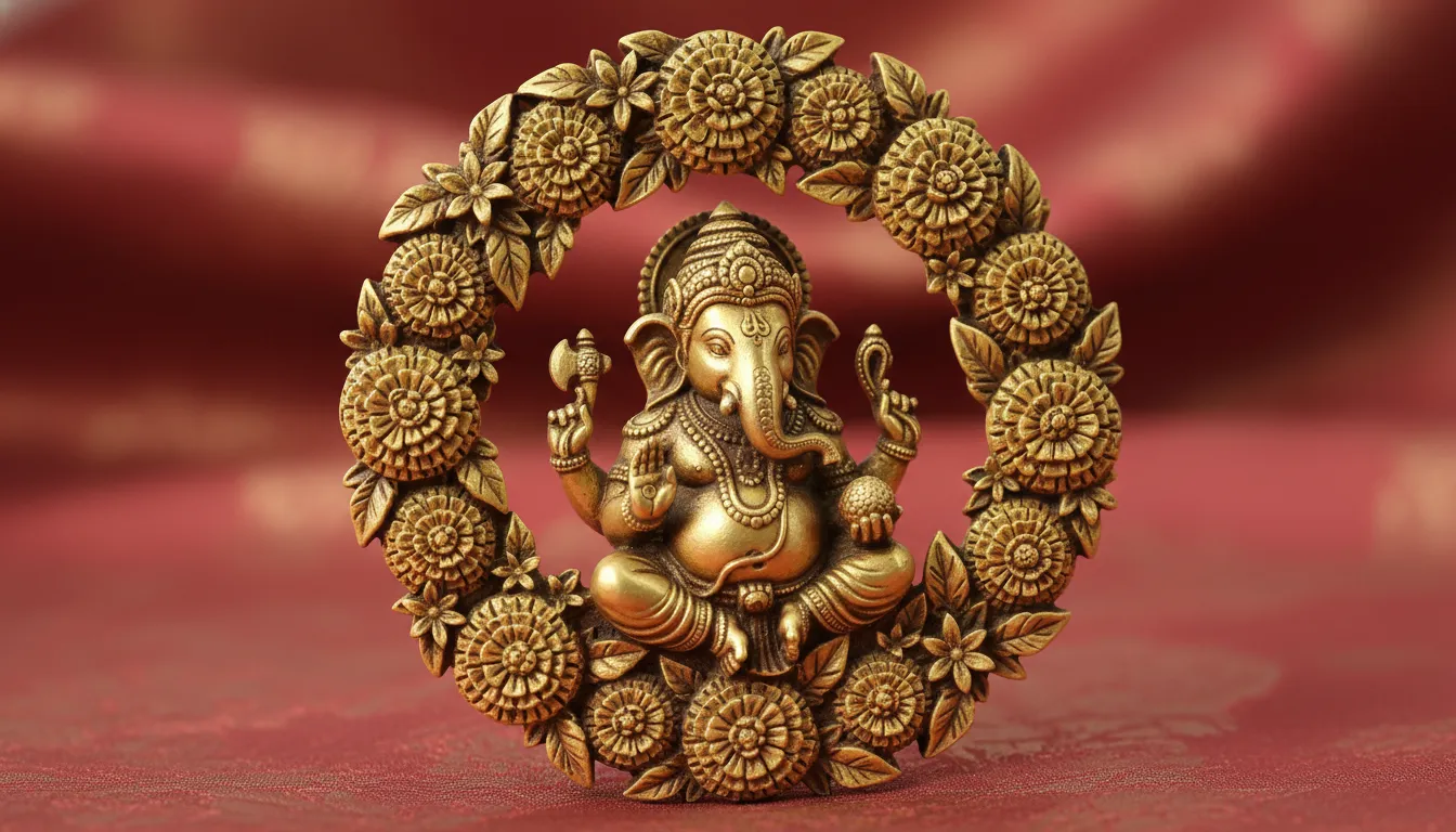 Antique golden medallion featuring Ganesha framed by a thick ring of flowers