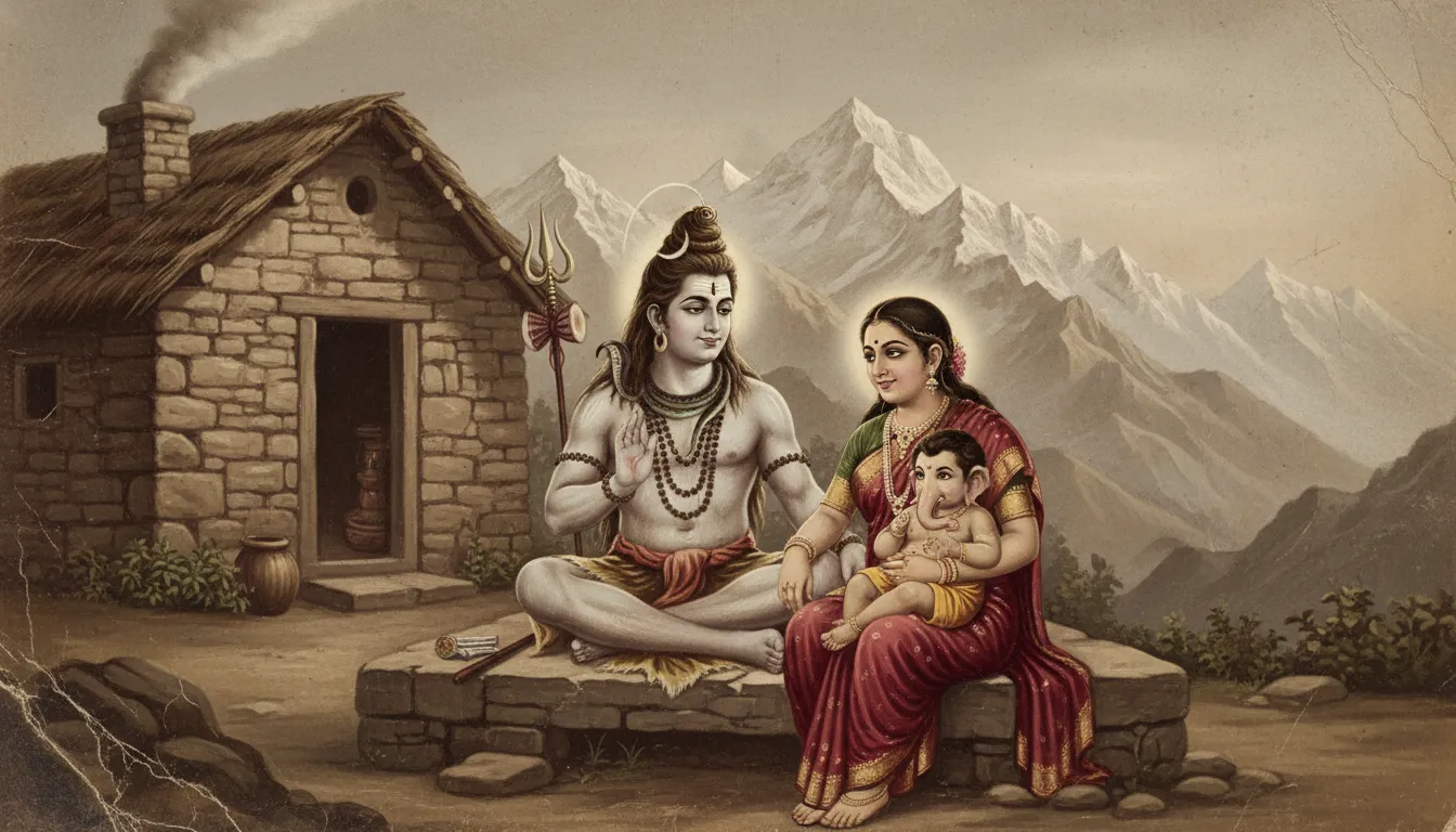 Classic family portrait style Mahadev old photo with Goddess Parvati and young Ganesha.