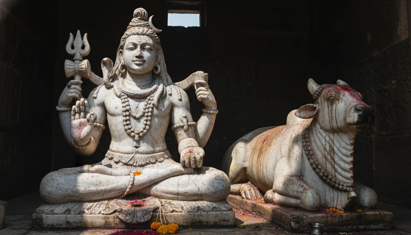 antique white marble Lord Shiva statue with weathered aged surface