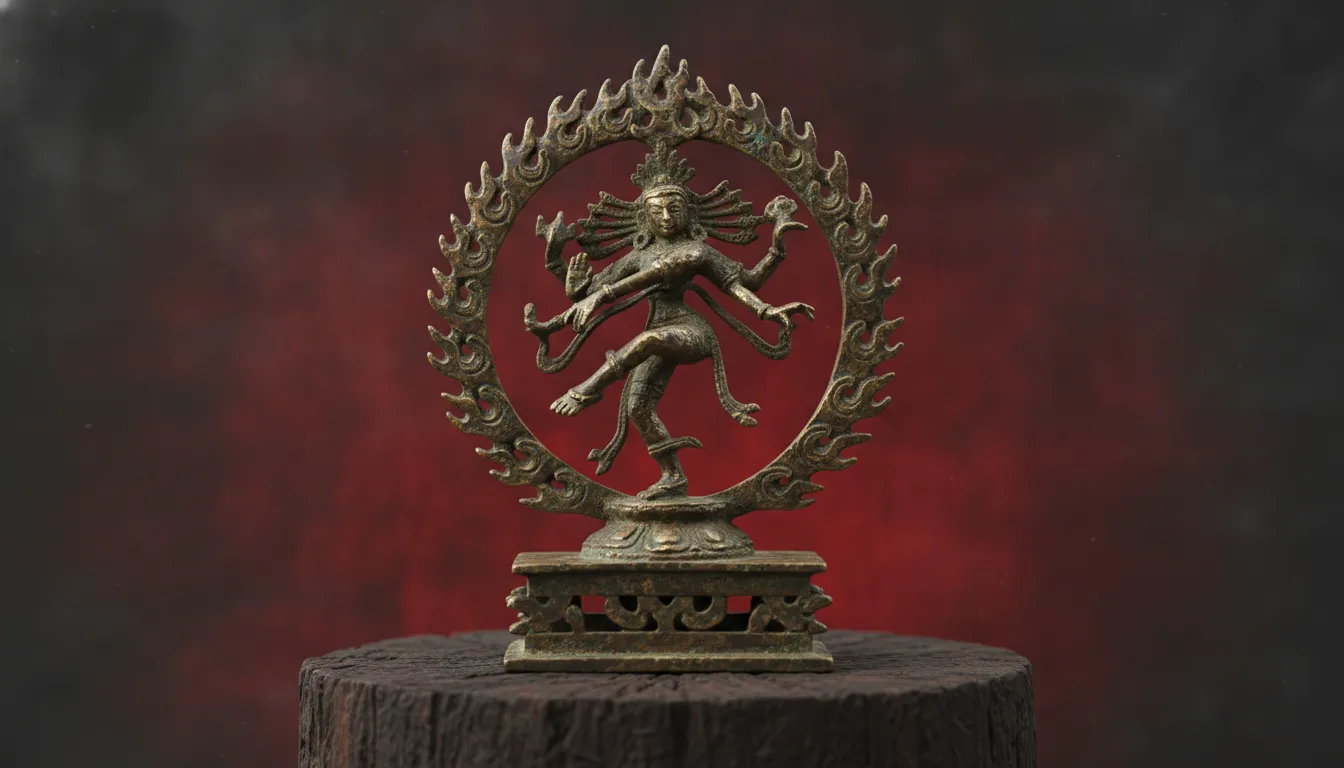Antique finished brass sculpture of a divine dancer surrounded by an arch of flames