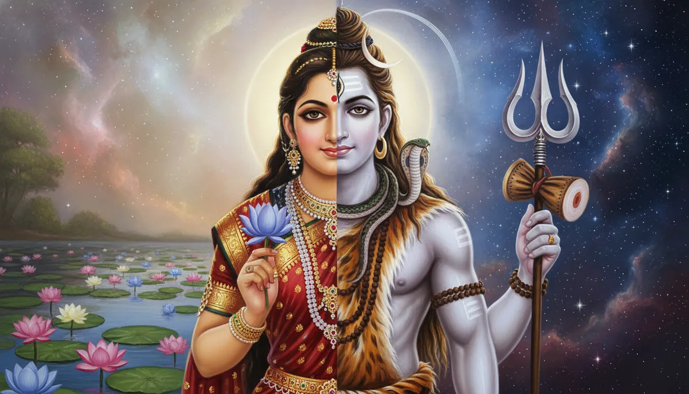 Divine composite form of Ardhanarishvara representing male and female cosmic energies.