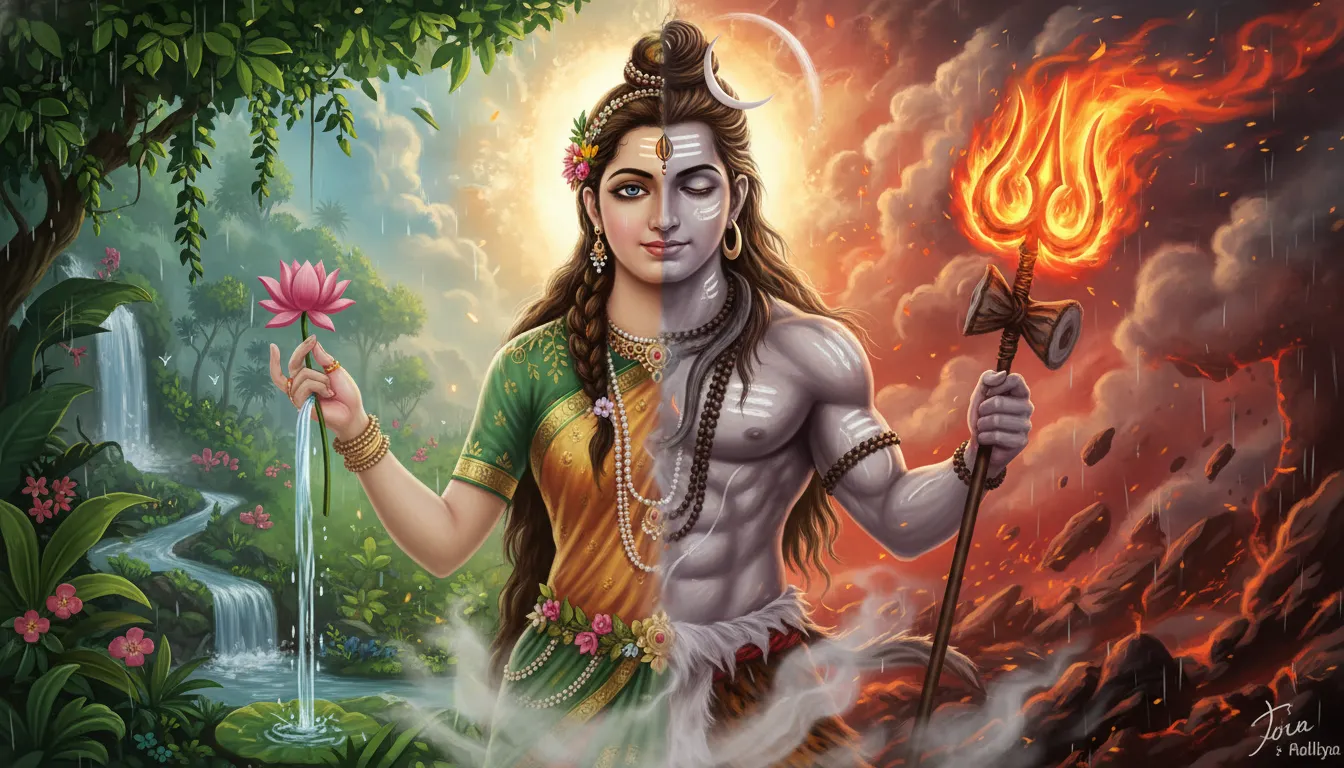 The half-male and half-female form of Shiva and Parvati representing fire and water elements