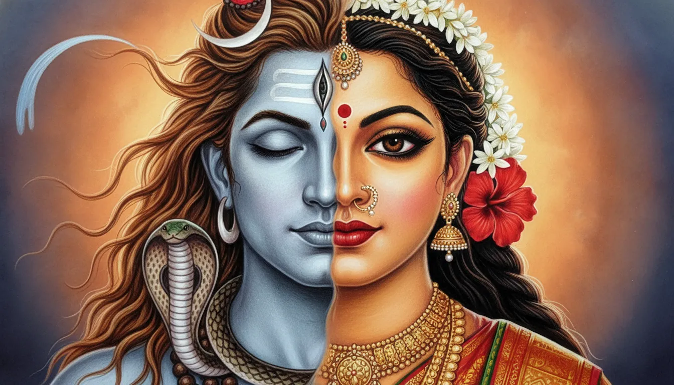 Detailed split drawing showing the half-male form of Shiva and half-female form of Shakti.