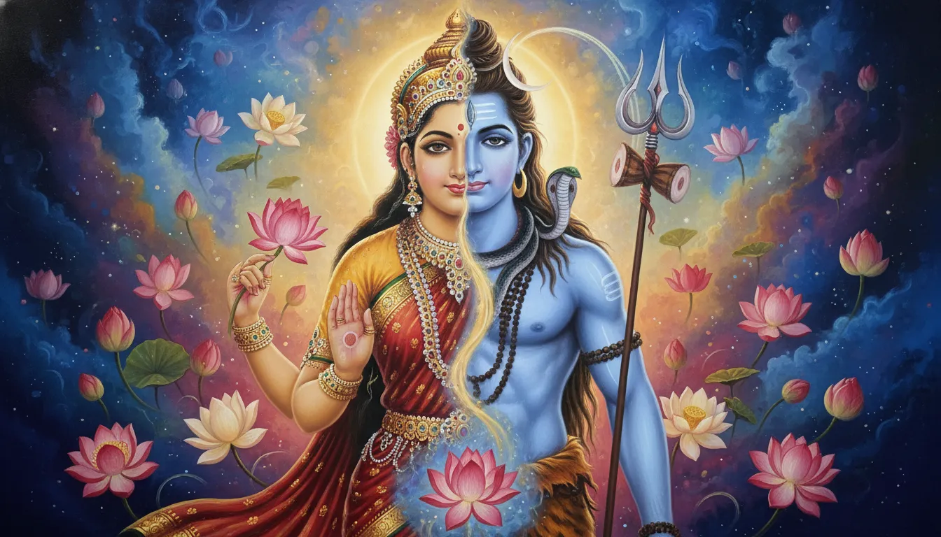 Pura Mahadev photos representing the divine union of Shiva and Parvati as Ardhanarishvara.