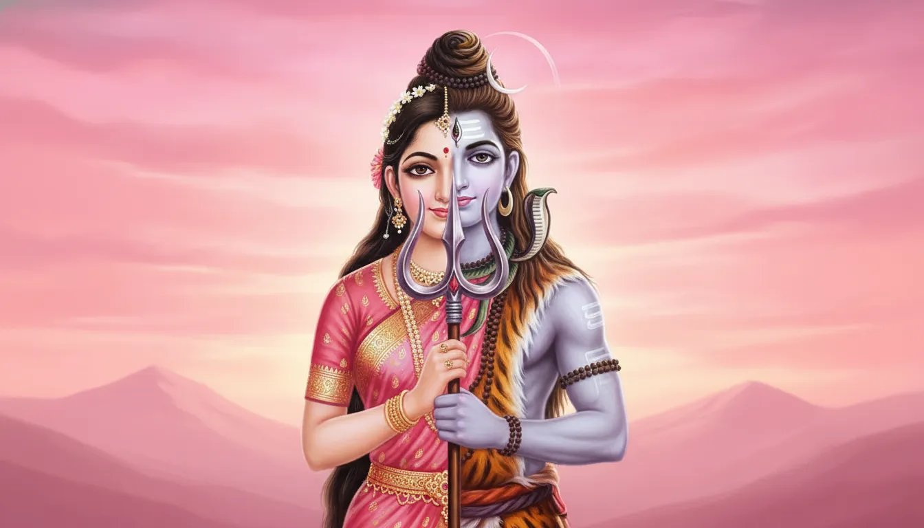 Pink Ardhanarishvara form, right side Shiva with trident, left side Parvati holding it together