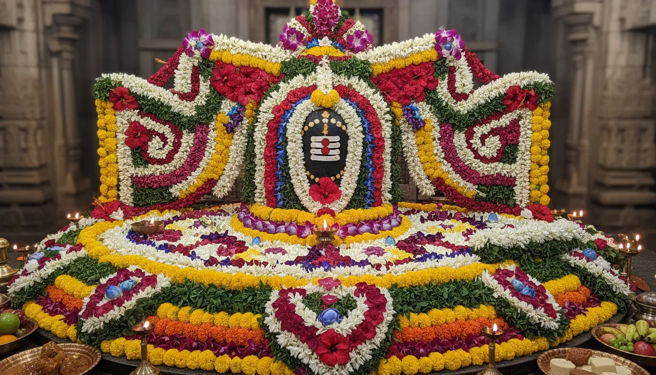 Lingam decorated with intricate flower patterns and colorful garlands