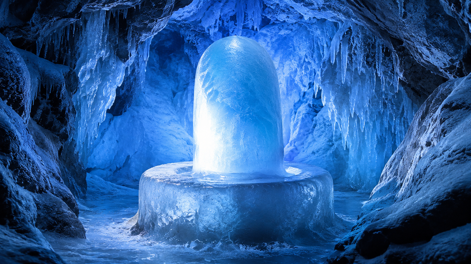 Natural pure ice stalagmite forming a perfect Shiva Lingam shape inside a frozen cavern.