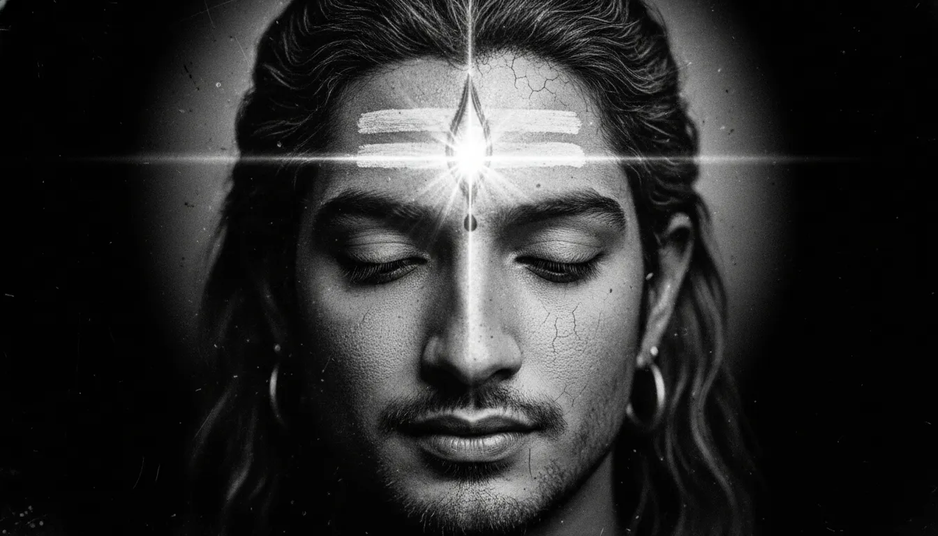 Macro view vintage Mahadev old photo focusing on the powerful and intense third eye.