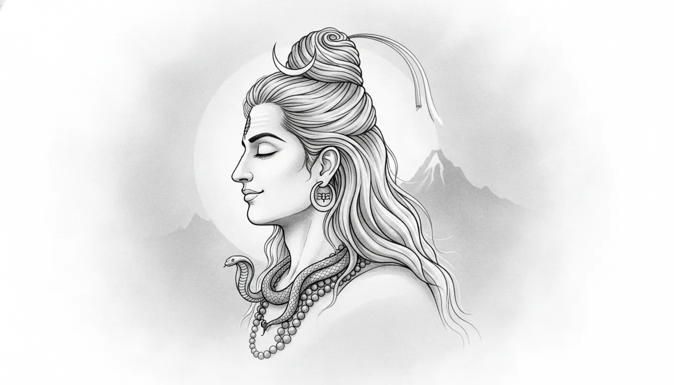 Side profile illustration of Lord Shiva with long hair, crescent moon, and beads